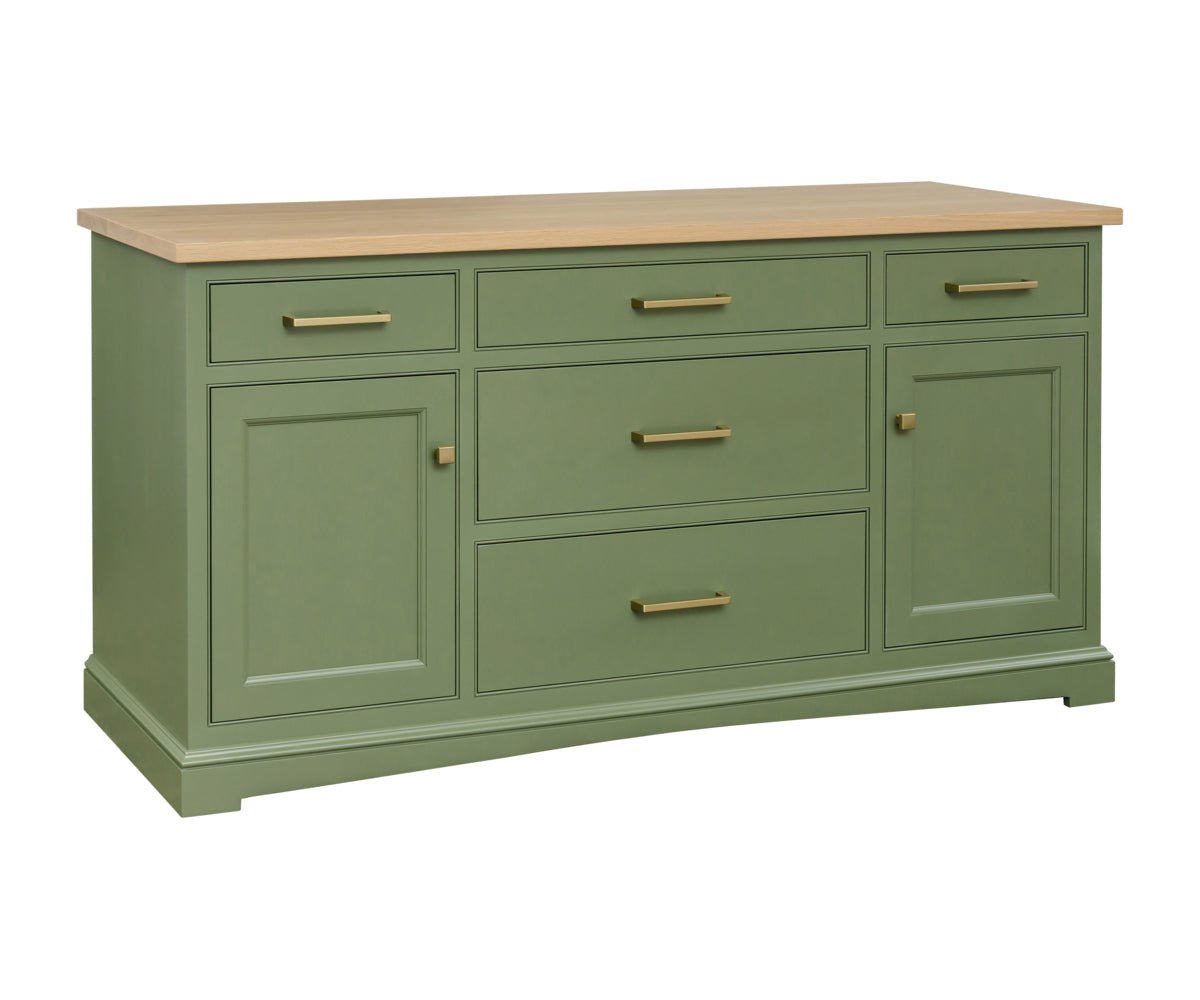 Sage green painted sideboard buffet with a natural oak top, three top drawers, two deep drawers and two doors