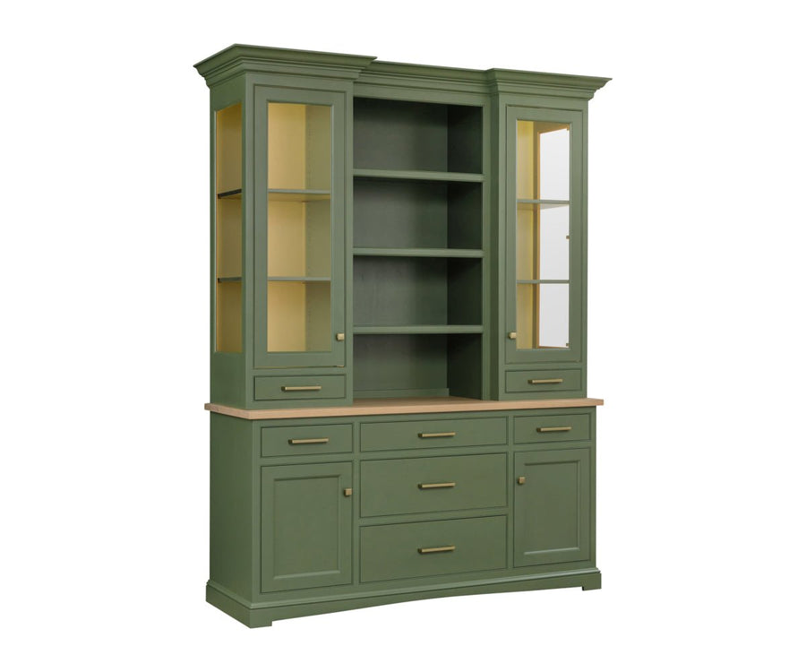 Green painted display hutch with two lighted glass door cabinets, open shelving, oak top and drawers below