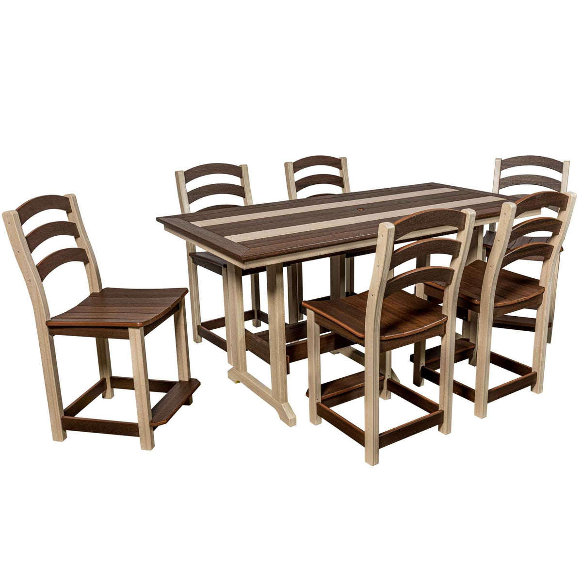 Brown and tan poly counter table with striped top and six ladderback counter chairs on a white background
