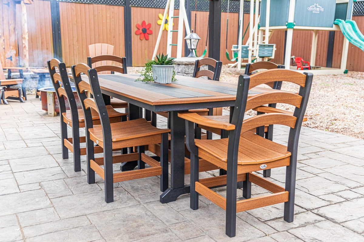 Long Beach 43 x 84 inch poly dining table with two arm chairs and side chairs, mahogany and black (photo 3)