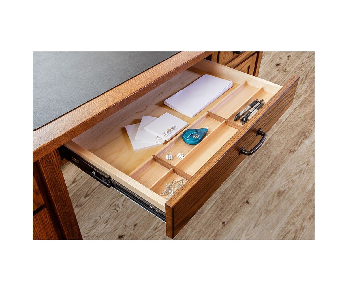 Amish Madisonburg Transitional Solid Wood Corner L Desk - divided drawer detail