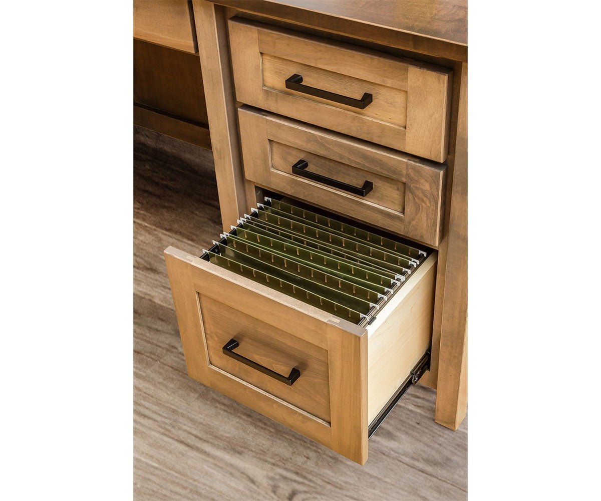 Amish Madisonburg Transitional Solid Wood L-Shaped Desk with Hutch - dovetailed file drawer on full-extension slides