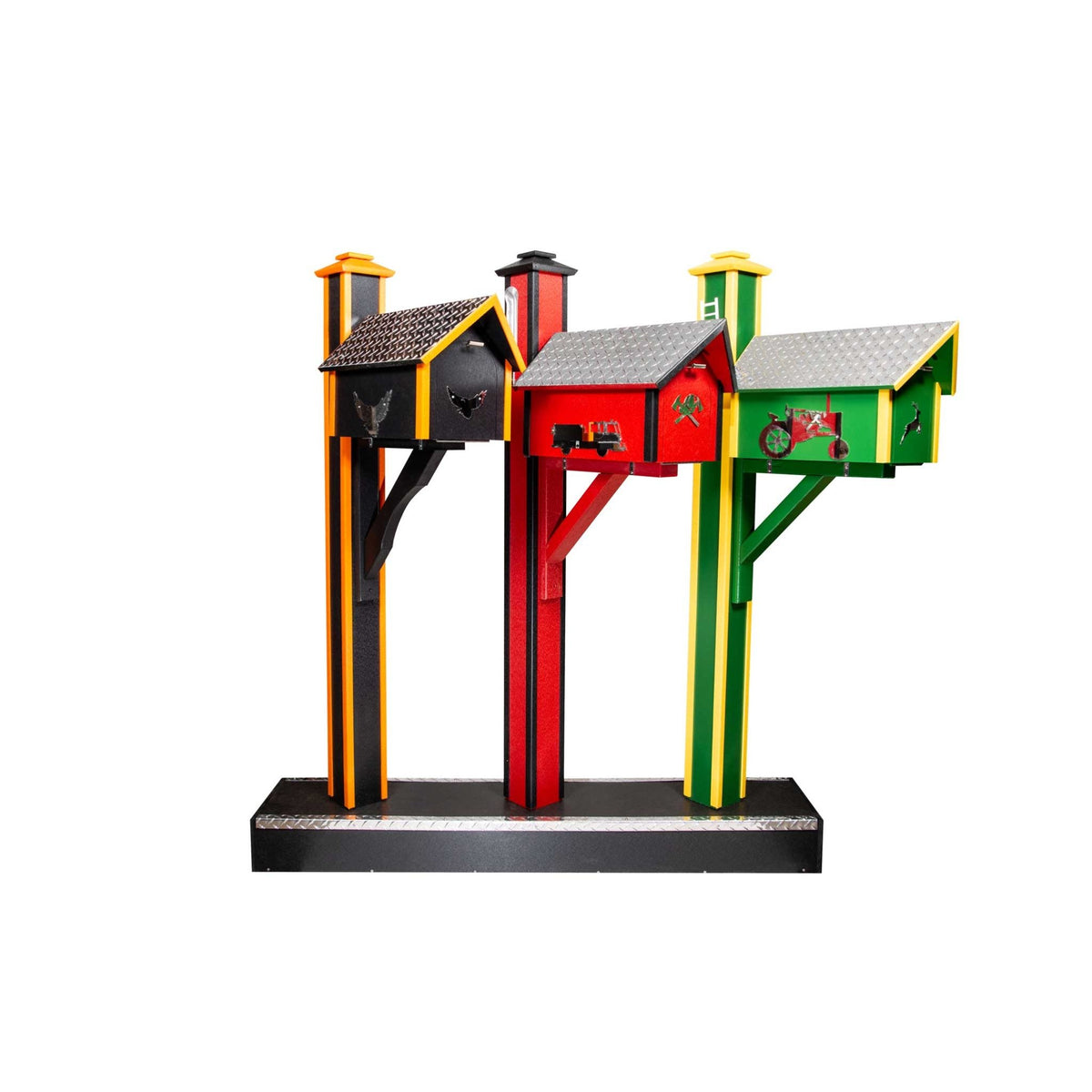 Three barn style mailboxes on colored poly posts with diamond plate roofs and tractor and rooster cutouts