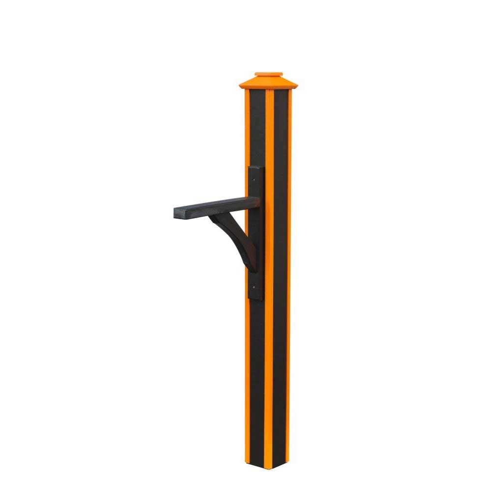Orange and black poly mailbox post sleeve with matching cap and black mounting arm