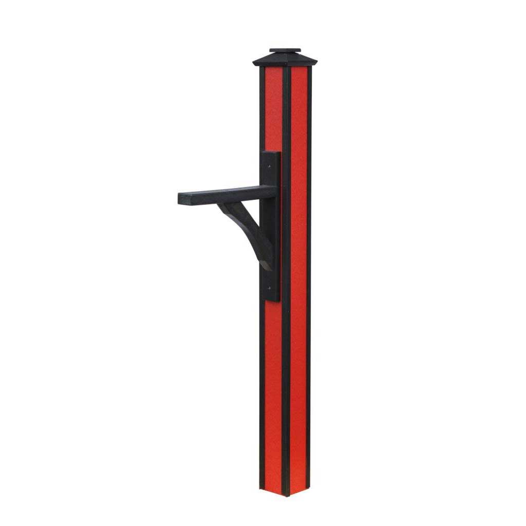 Red and black poly mailbox post sleeve with pyramid cap and black arm and brace