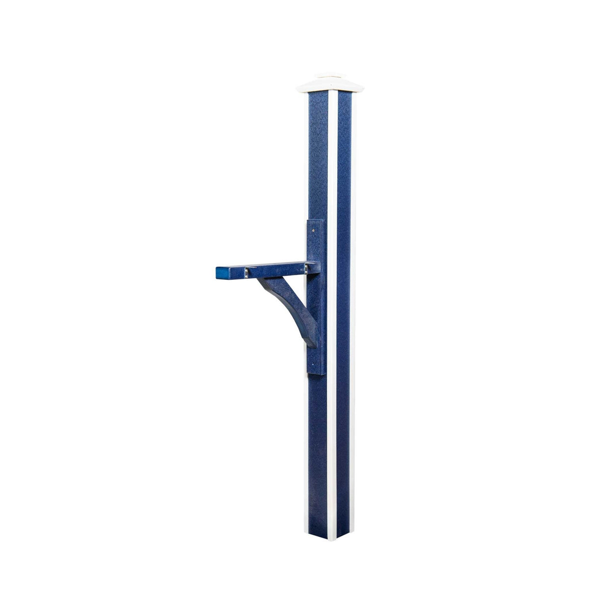Navy blue and white poly mailbox post sleeve with white cap and blue mounting arm