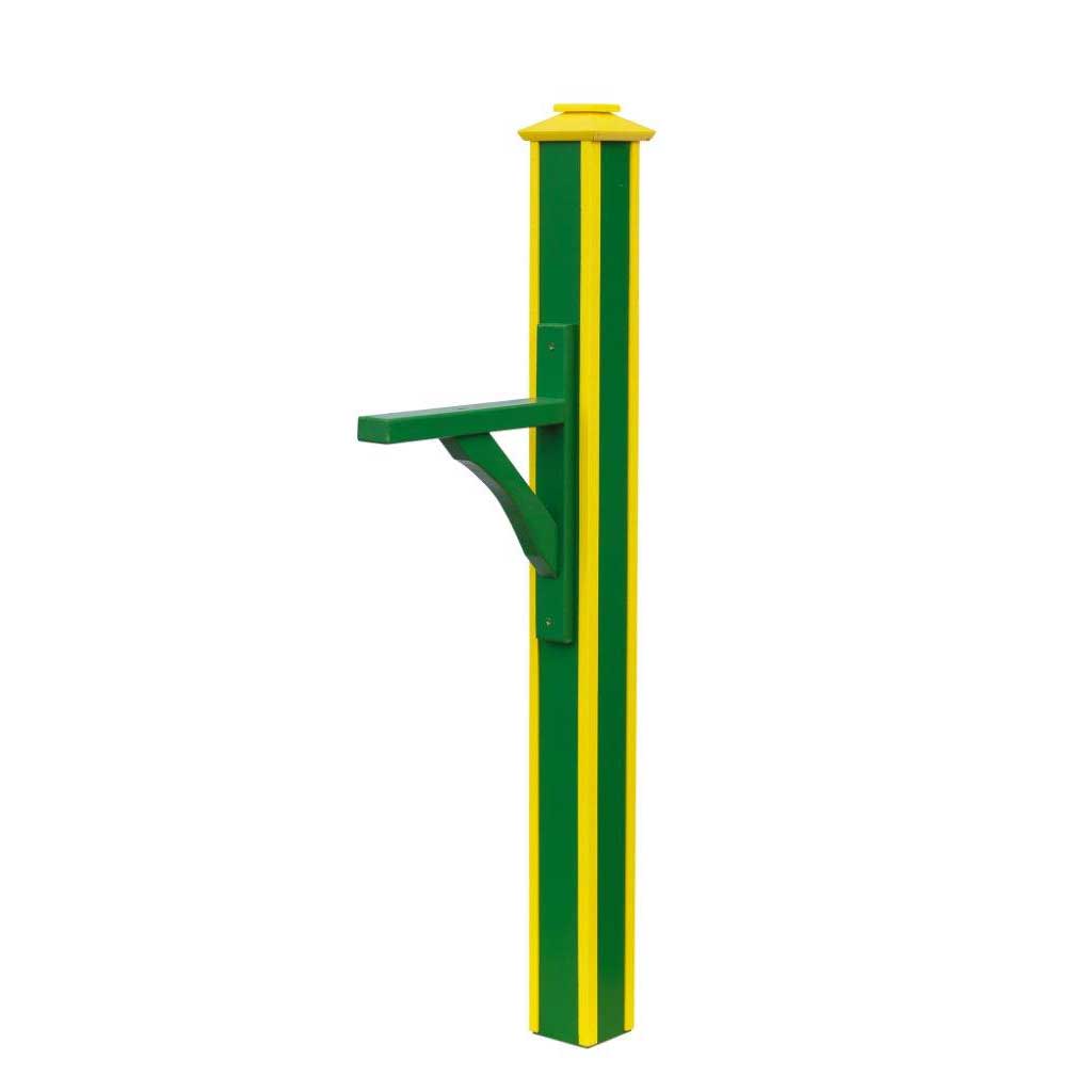 Green and yellow striped poly mailbox post sleeve with cap and angled support brace