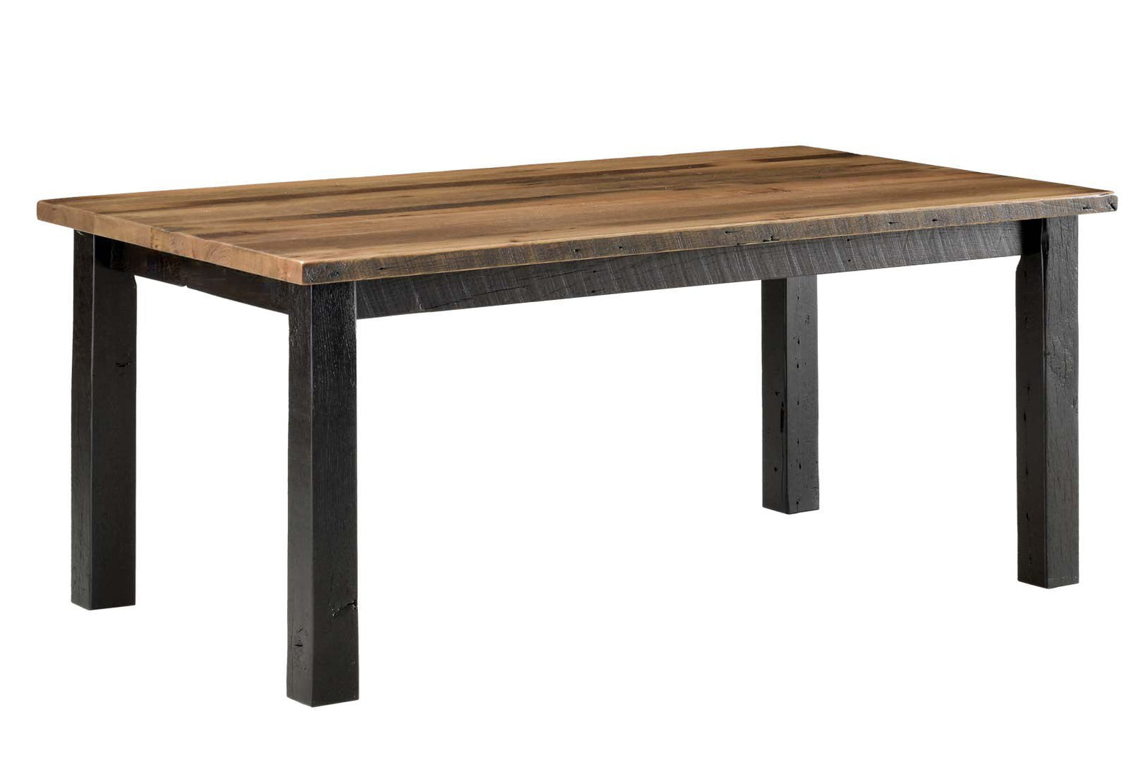 Reclaimed barnwood dining table with ladderback chairs and a bench in a bright room with tan walls
