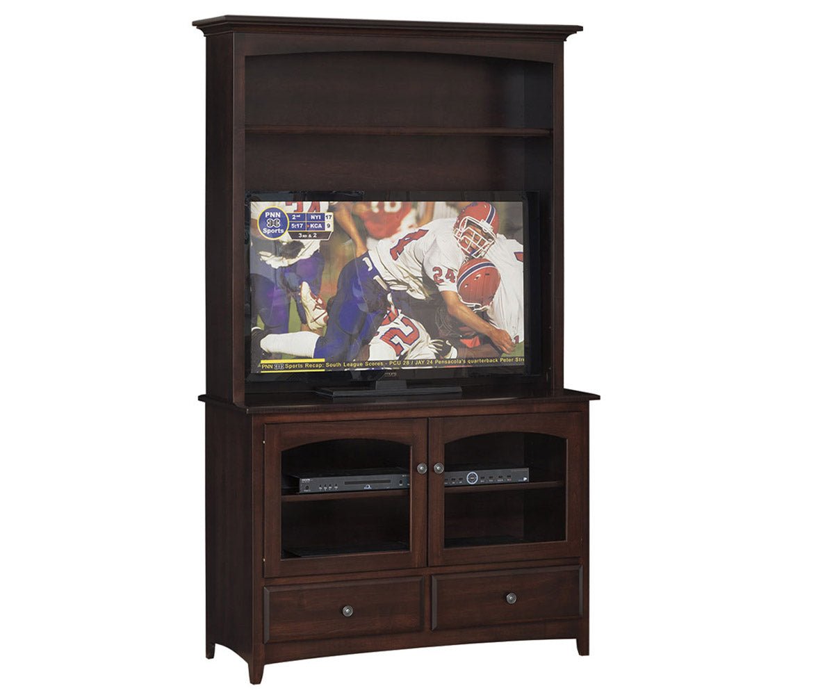 Espresso TV stand with hutch, open display shelves above, two arched glass doors and two drawers below on white
