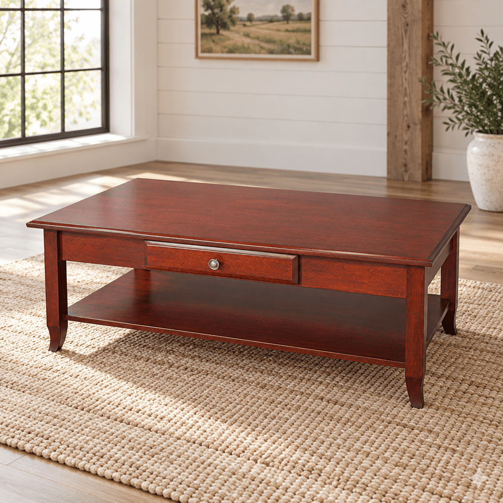 Amish Manchester 46"Coffee Table shown in the living room of a modern farmhouse home