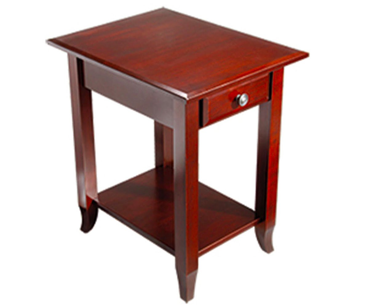 Narrow cherry chairside table with a single drawer, nickel knob, lower shelf and flared legs on a white background