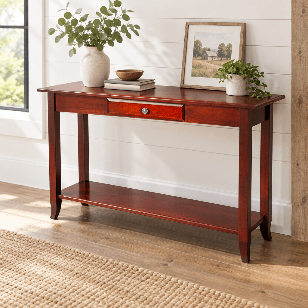 Amish Manchester Sofa Table shown in the living room of a modern farmhouse home