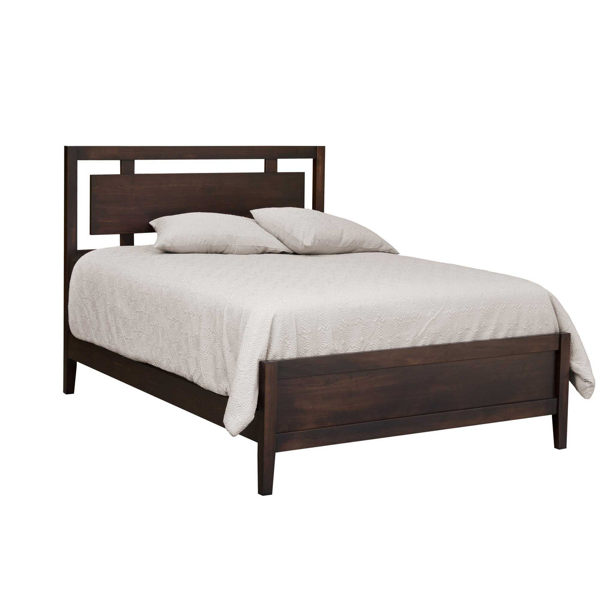 Amish Manhattan Open Panel Bed with a brown wooden frame and a beige bedsheet.