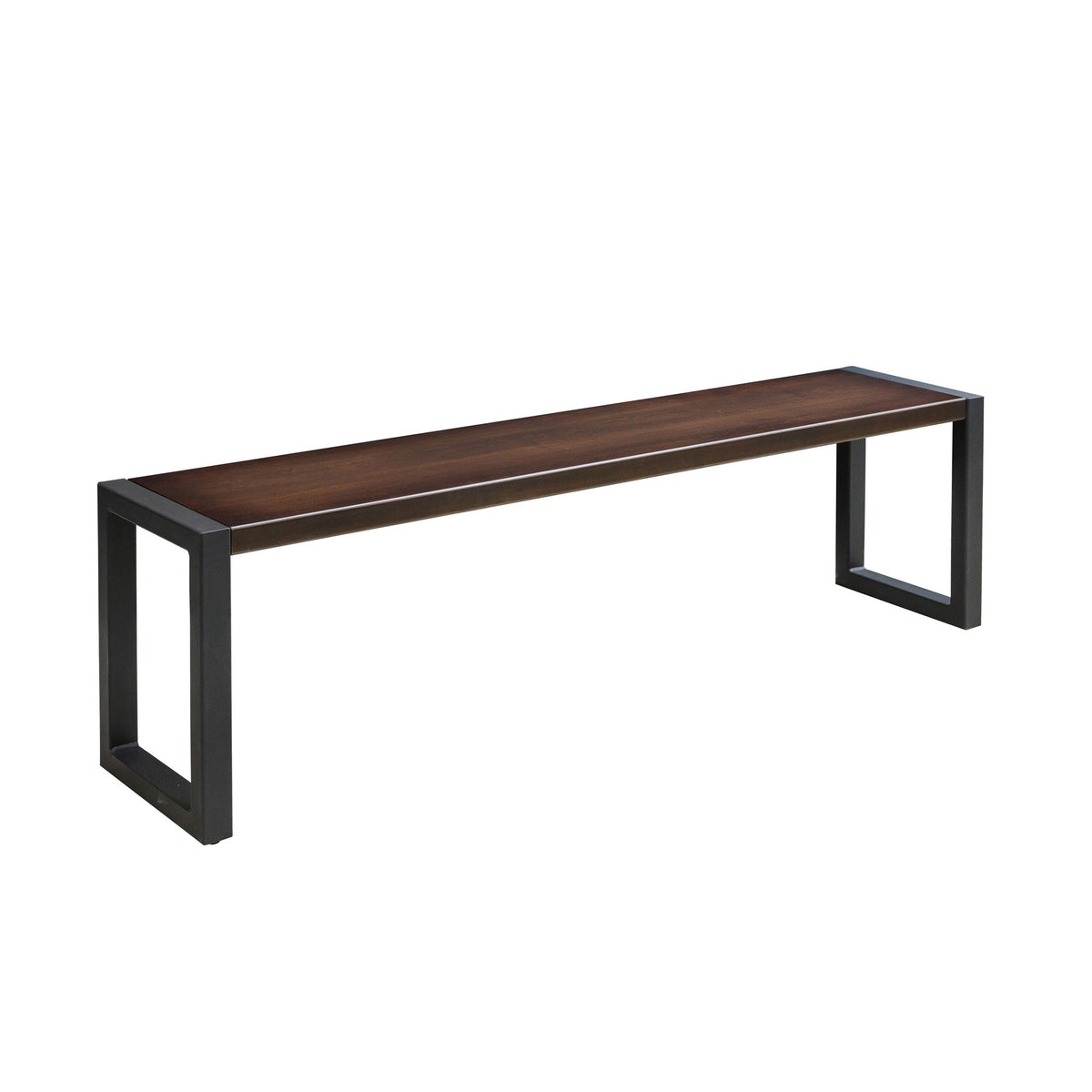 Dark stained wood dining bench with squared black metal sled legs on a white background