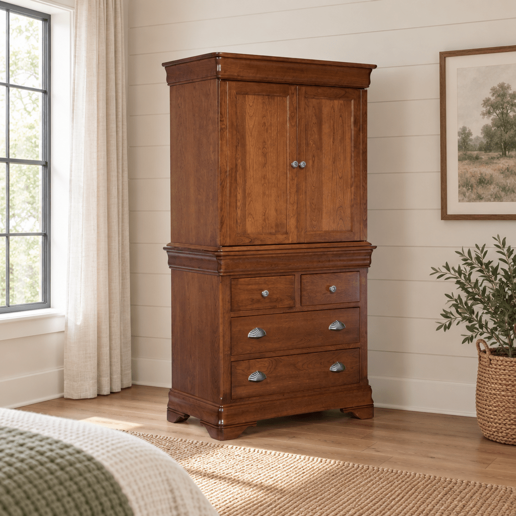 Amish Marseilles 2-Door Armoire shown in the bedroom of a modern farmhouse home