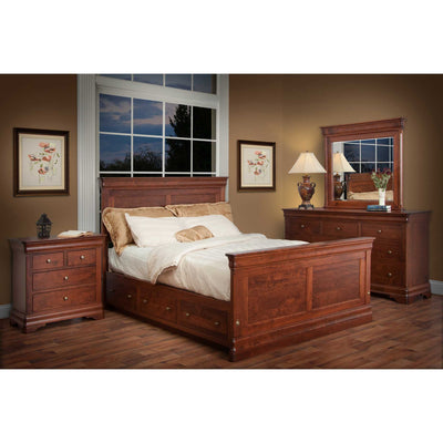 Cherry bedroom set with a storage panel bed with under-bed drawers, nightstands and a dresser with mirror