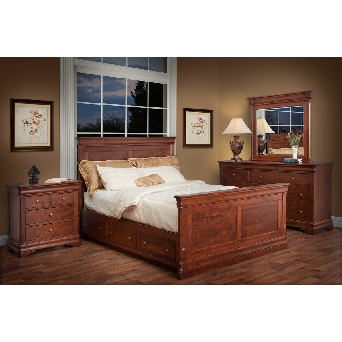 Cherry bedroom set with a storage panel bed with under-bed drawers, nightstands and a dresser with mirror