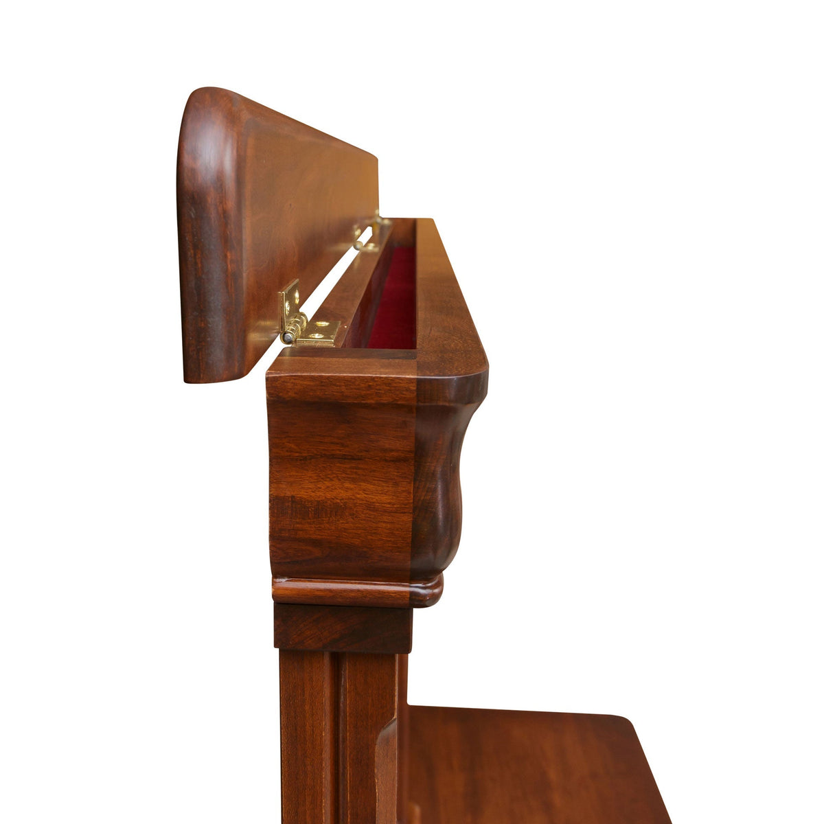 Hinged headboard lid opened on the sleigh bed post, revealing a red felt-lined hidden storage compartment