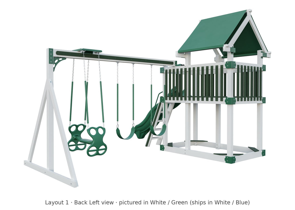 Amish Matterhorn Vinyl Playset & Swing Set Kit – Layout 1, back left view (shown in White with Green accents)