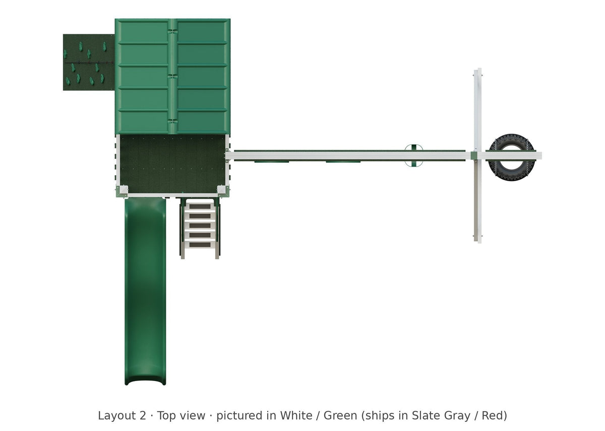 Amish Matterhorn Vinyl Playset & Swing Set Kit – Layout 2, top view (shown in White with Green accents)