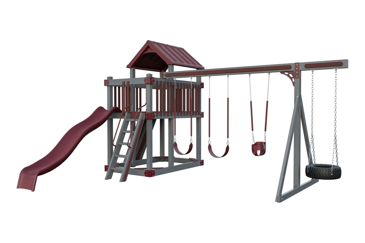 Amish Matterhorn Vinyl Playset & Swing Set Kit – Layout 2, Slate Gray with Red accents