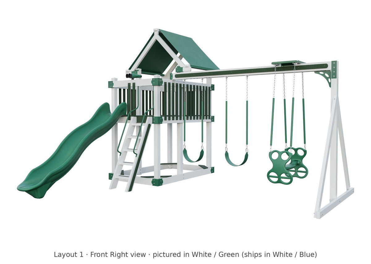 Amish Matterhorn Vinyl Playset & Swing Set Kit – Layout 1, front right view (shown in White with Green accents)