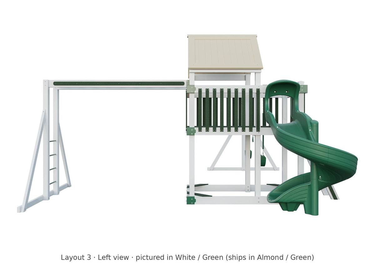 Amish Matterhorn Vinyl Playset & Swing Set Kit – Layout 3, left view (shown in White with Green accents)