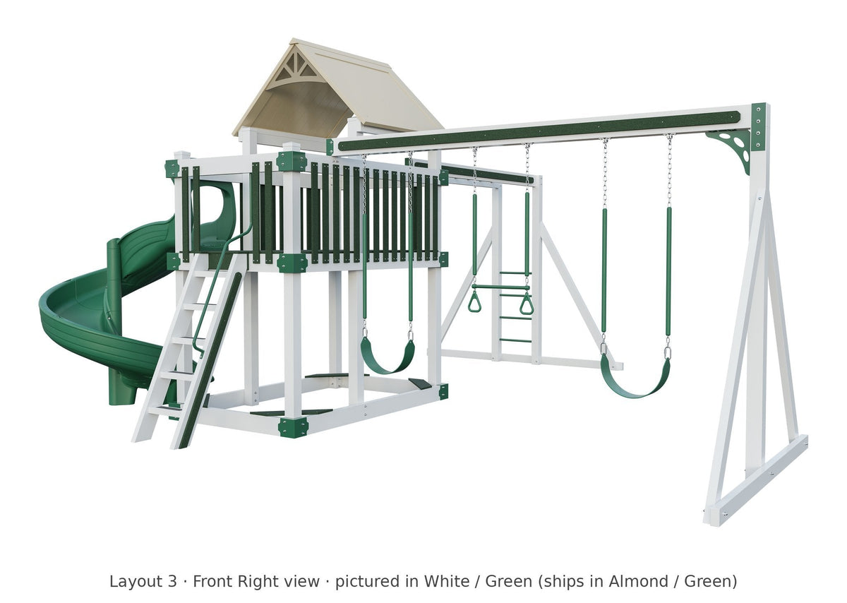 Amish Matterhorn Vinyl Playset & Swing Set Kit – Layout 3, front right view (shown in White with Green accents)