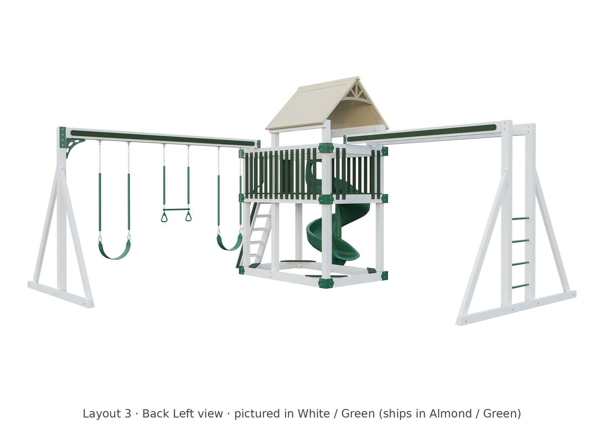 Amish Matterhorn Vinyl Playset & Swing Set Kit – Layout 3, back left view (shown in White with Green accents)