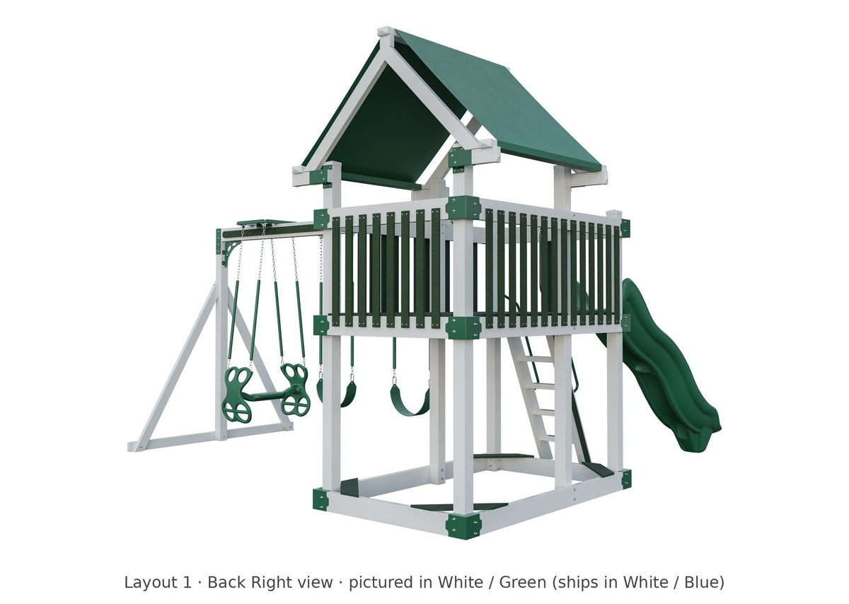 Amish Matterhorn Vinyl Playset & Swing Set Kit – Layout 1, back right view (shown in White with Green accents)