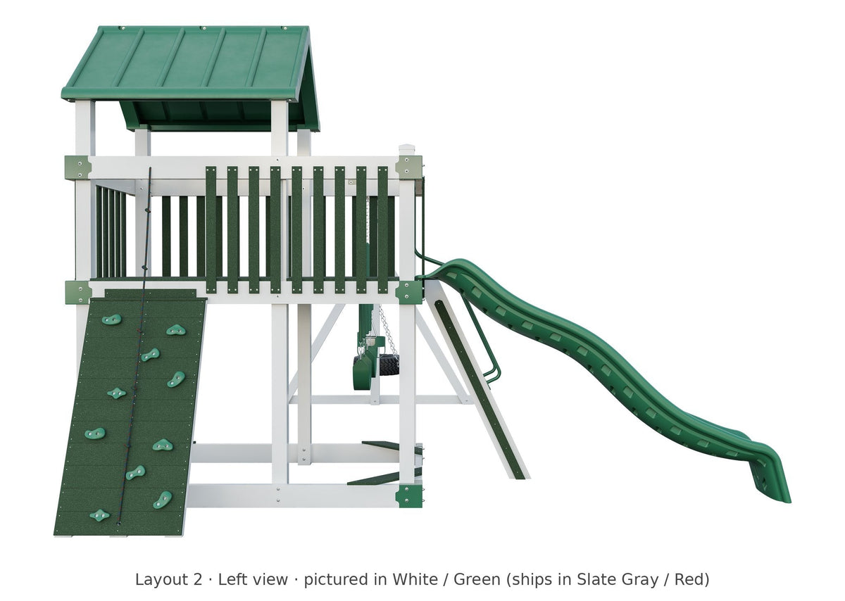Amish Matterhorn Vinyl Playset & Swing Set Kit – Layout 2, left view (shown in White with Green accents)