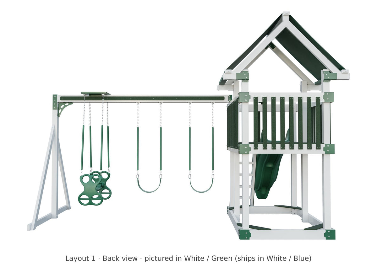 Amish Matterhorn Vinyl Playset & Swing Set Kit – Layout 1, back view (shown in White with Green accents)