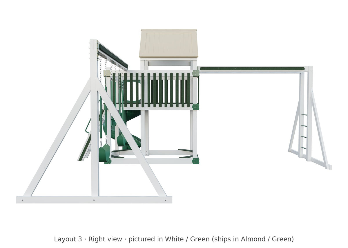Amish Matterhorn Vinyl Playset & Swing Set Kit – Layout 3, right view (shown in White with Green accents)