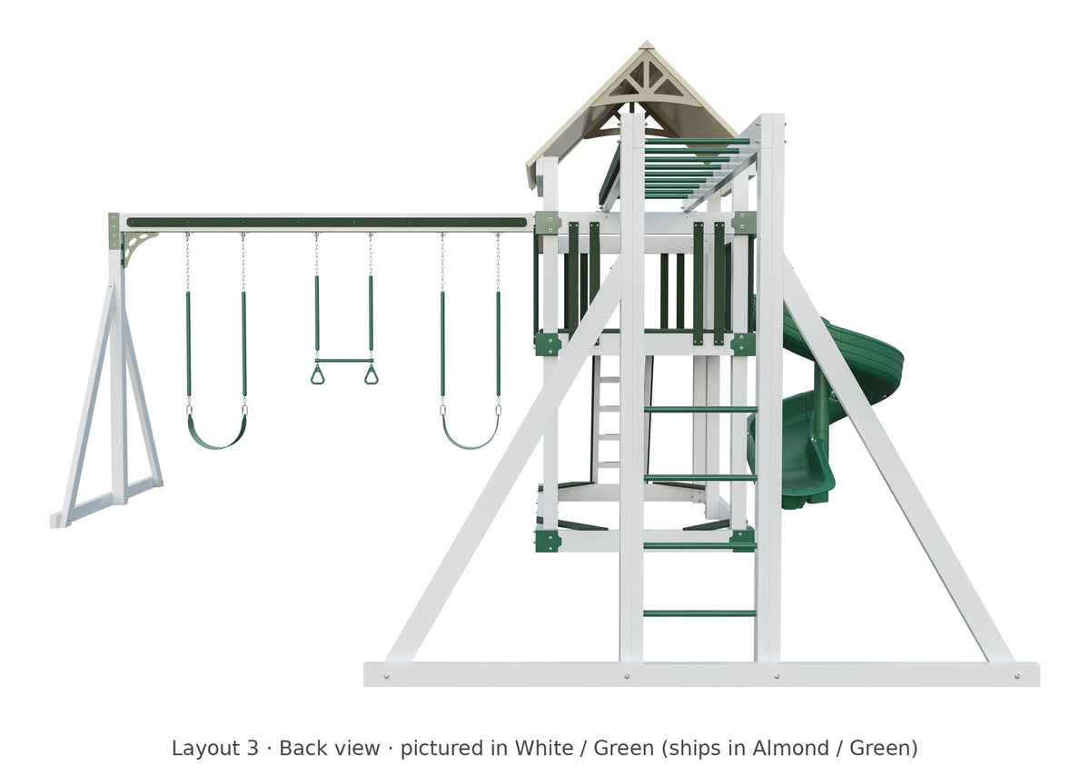 Amish Matterhorn Vinyl Playset & Swing Set Kit – Layout 3, back view (shown in White with Green accents)