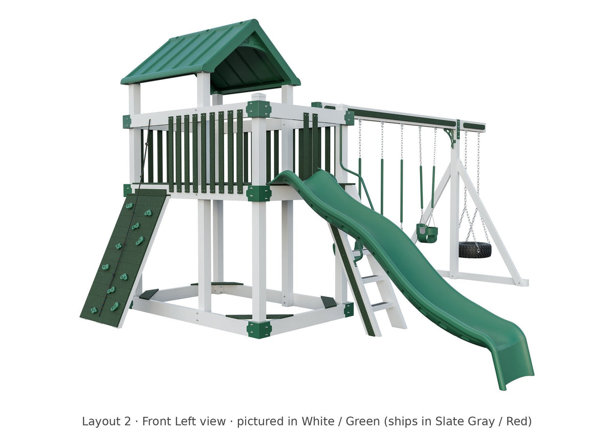 Amish Matterhorn Vinyl Playset & Swing Set Kit – Layout 2, front left view (shown in White with Green accents)