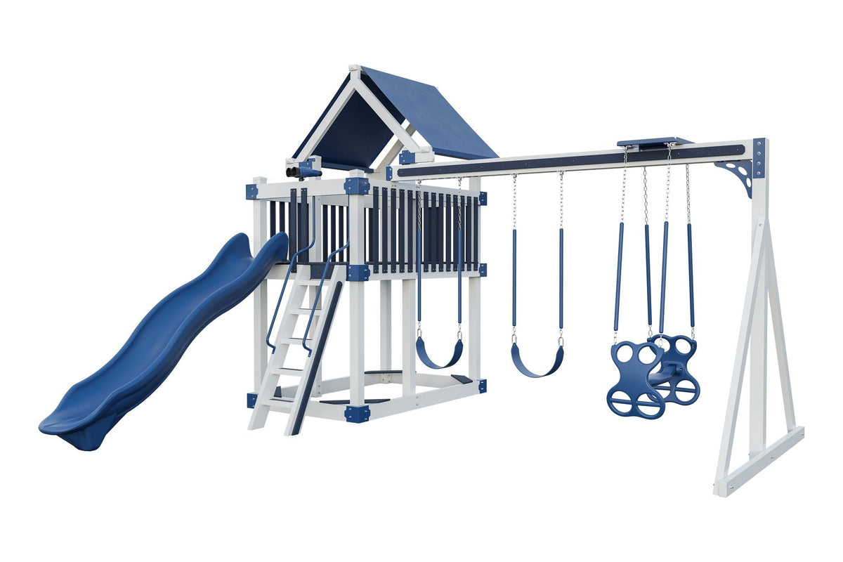 Amish Matterhorn Vinyl Playset & Swing Set Kit – Layout 1, White with Blue accents