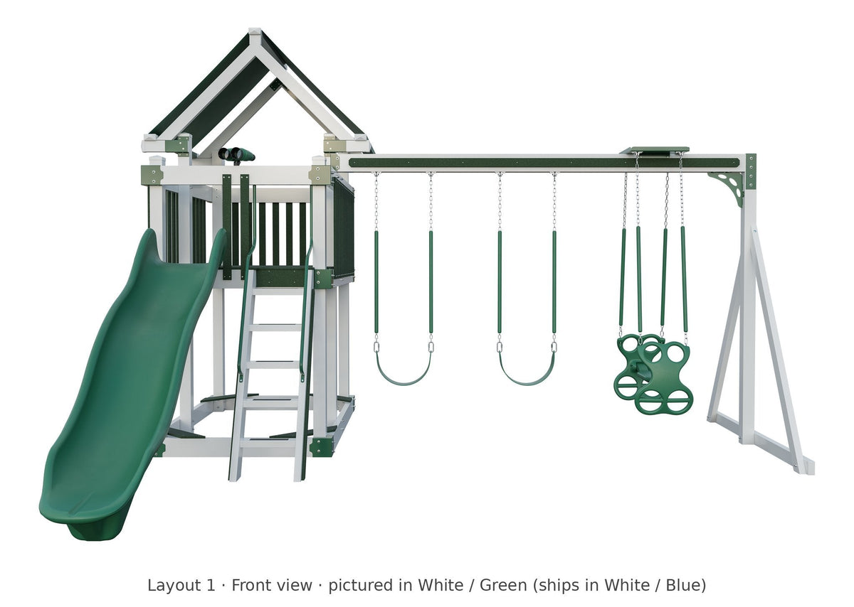 Amish Matterhorn Vinyl Playset & Swing Set Kit – Layout 1, front view (shown in White with Green accents)