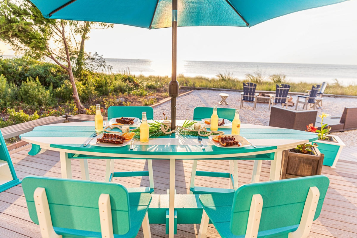 Maui poly 8' surfboard bar table with bar chairs, white & aruba blue, beach deck