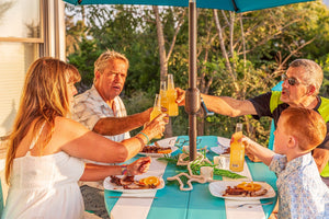 Maui poly 8' surfboard bar table, white & aruba blue, family toasting