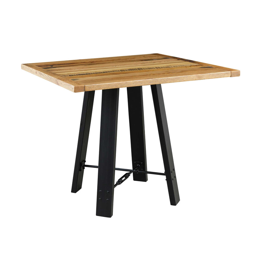 Square reclaimed wood pub table with a plank top on a black steel A frame base with turnbuckle stretcher