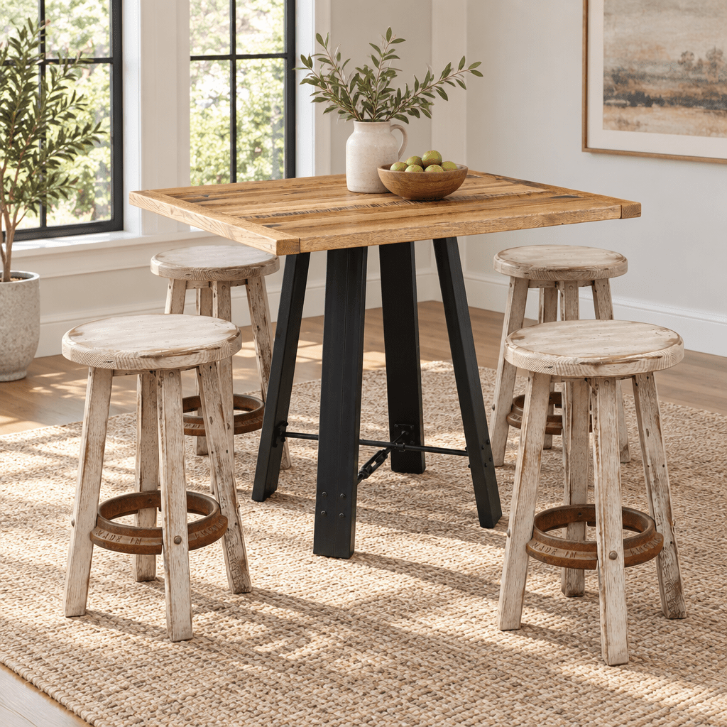 Amish Meadville Reclaimed Wood Pub Table shown in the dining room of a transitional home