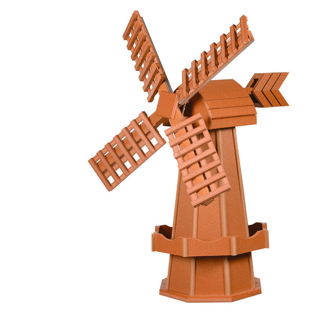 Solid cedar poly windmill with slatted blades, matching cap and arrow vane over an octagonal cedar planter base