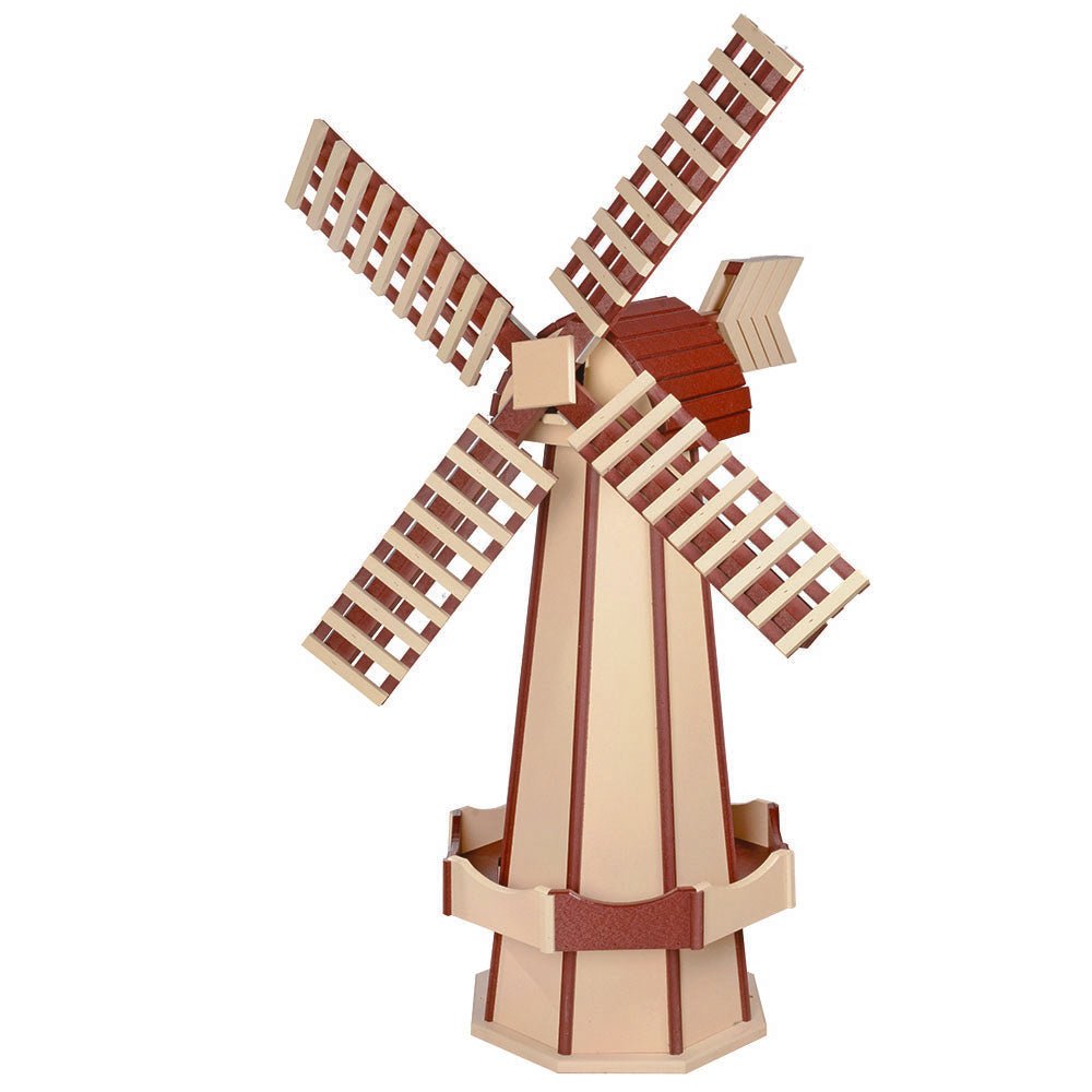 Ivory and red poly garden windmill with slatted blades, red roof cap, ivory arrow vane and octagonal ivory tower