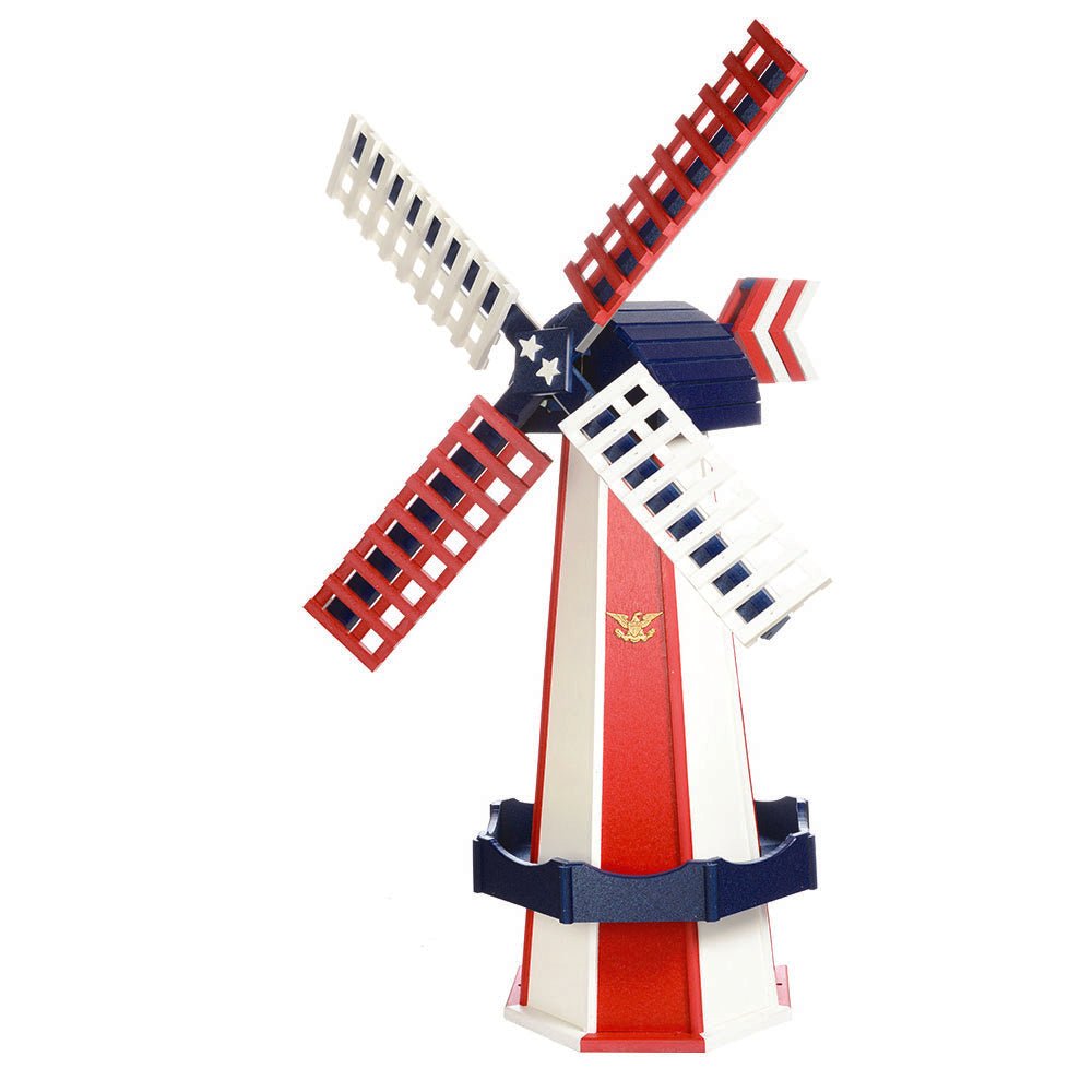 Patriotic poly windmill in red, white and blue with a starred cap, striped arrow vane and gold eagle on the tower