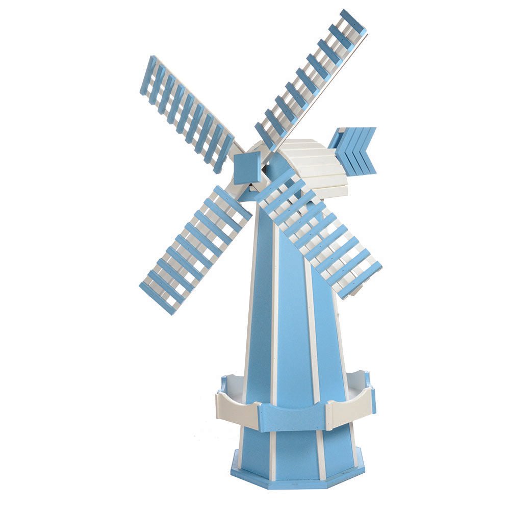 Light blue and white poly windmill with slatted blades, white cap, blue arrow tail vane and white base trim ring