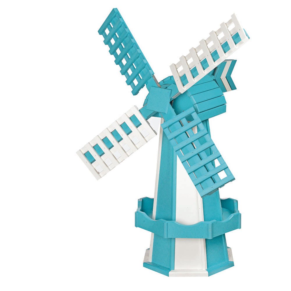 Teal and white poly garden windmill with alternating slatted blades, teal cap, arrow vane and teal planter box base