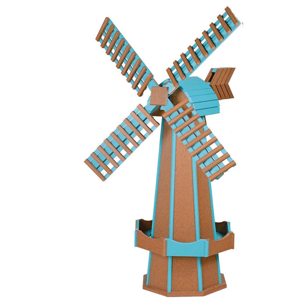Cedar brown and blue poly windmill with lattice blades, blue roof cap, brown arrow vane and blue trimmed planter base