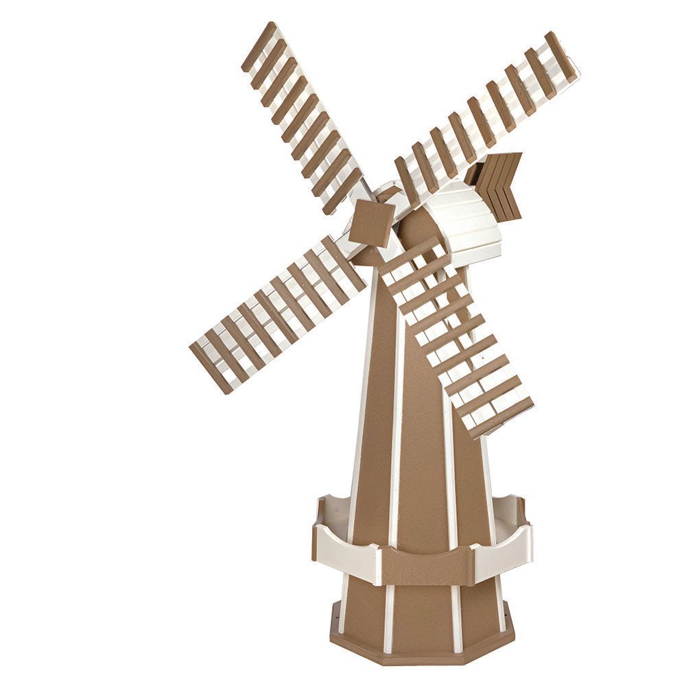 Brown and white poly yard windmill with white-slatted blades, white roof cap and brown arrow vane, on a white background