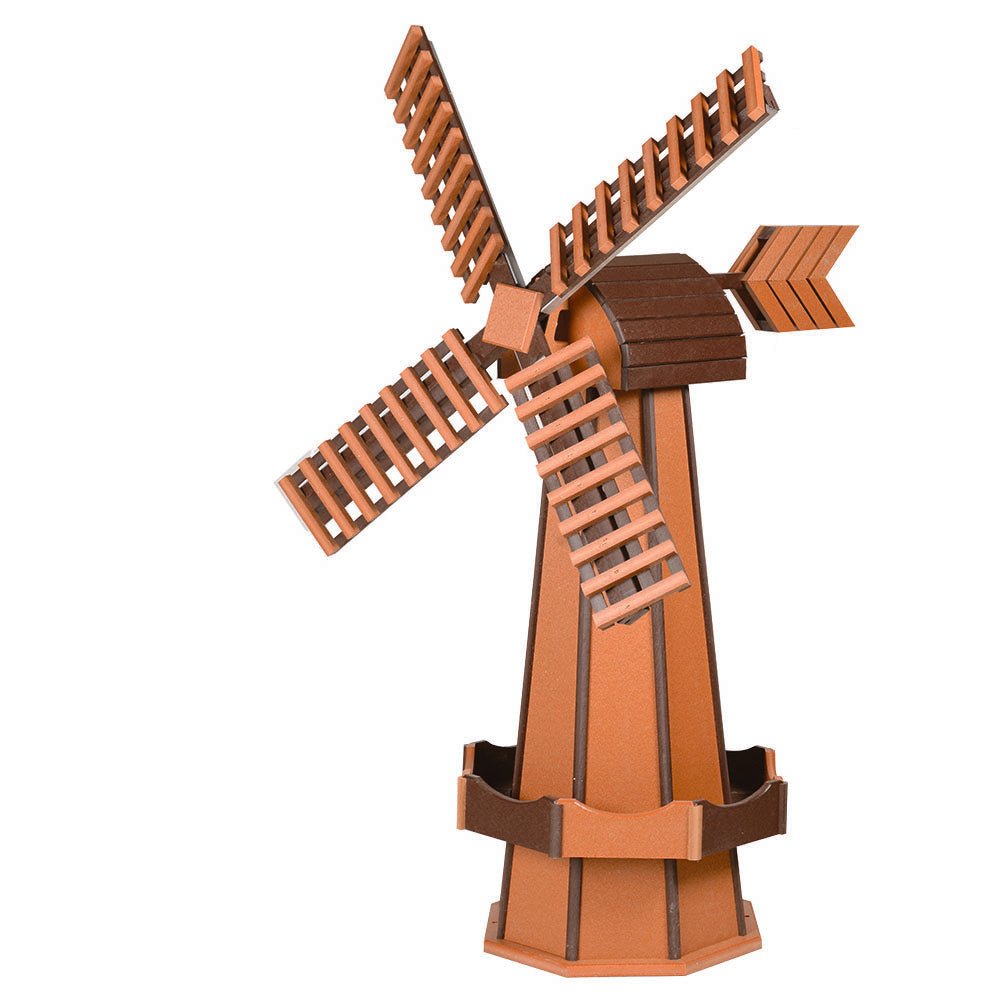 Cedar poly windmill with dark brown roof cap, slatted blades, arrow tail vane and cedar octagonal tower on white