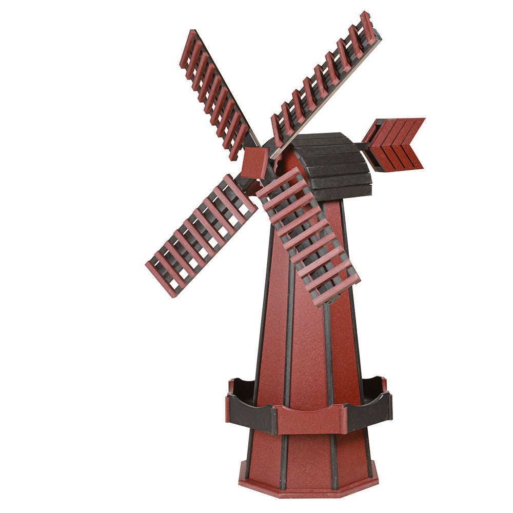 Cherry red poly windmill with black cap and black blade slats, red arrow tail vane and black planter box trim, on white
